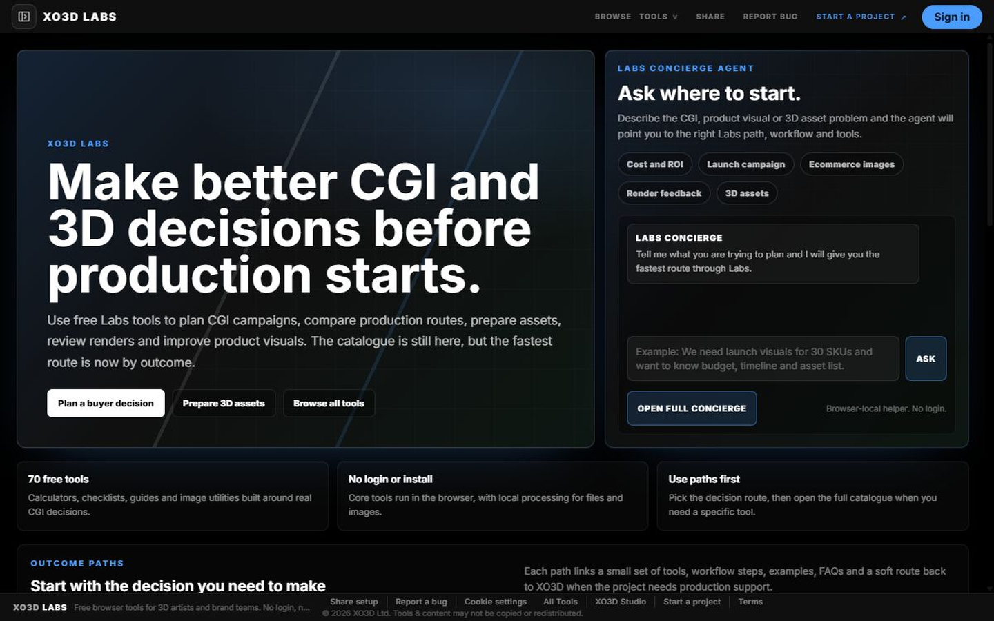 XO3D Labs CGI planning and concierge page with public tool routes.