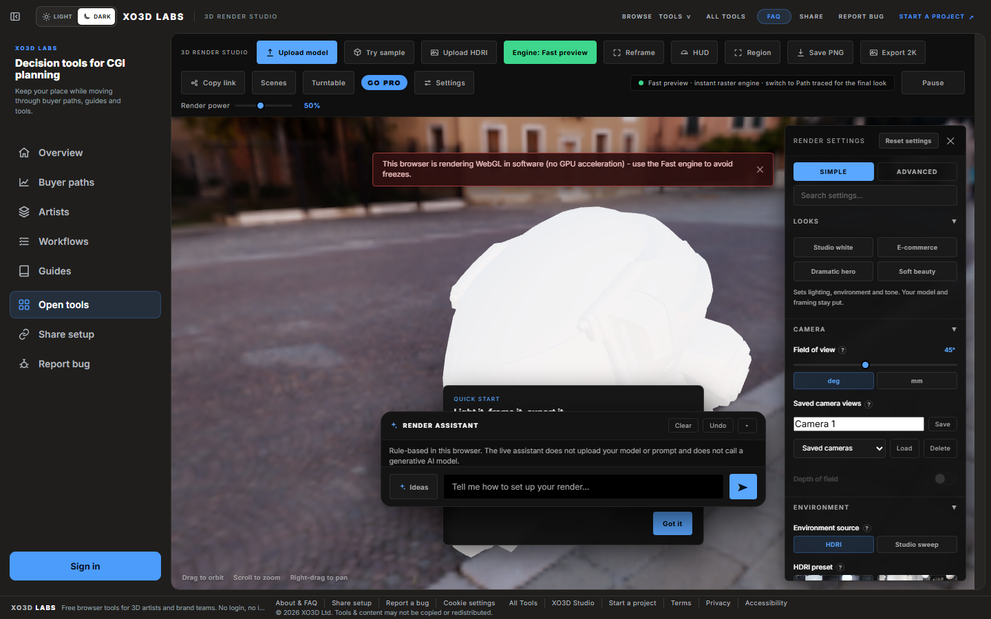 Current direct public capture of the XO3D Labs 3D Product Renderer.
