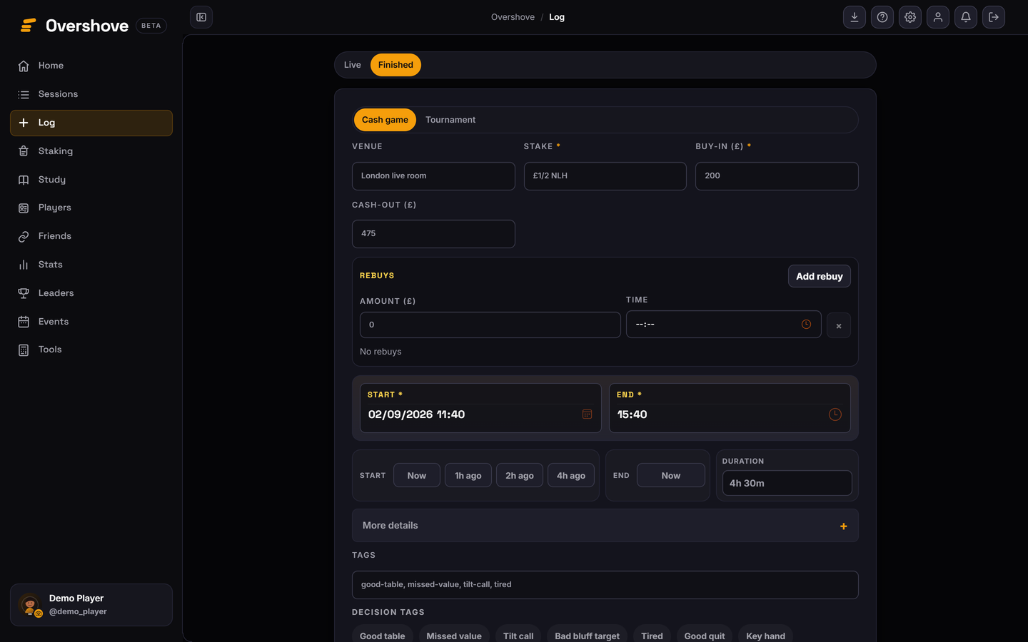 Sanitised poker session log with separate cash and tournament controls.