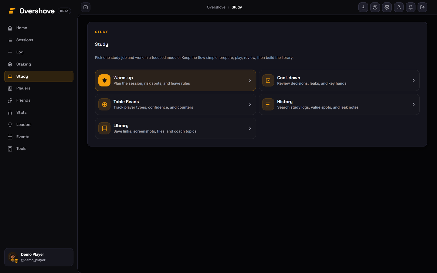 Sanitised Overshove study screen with staged Table Reads and notes.