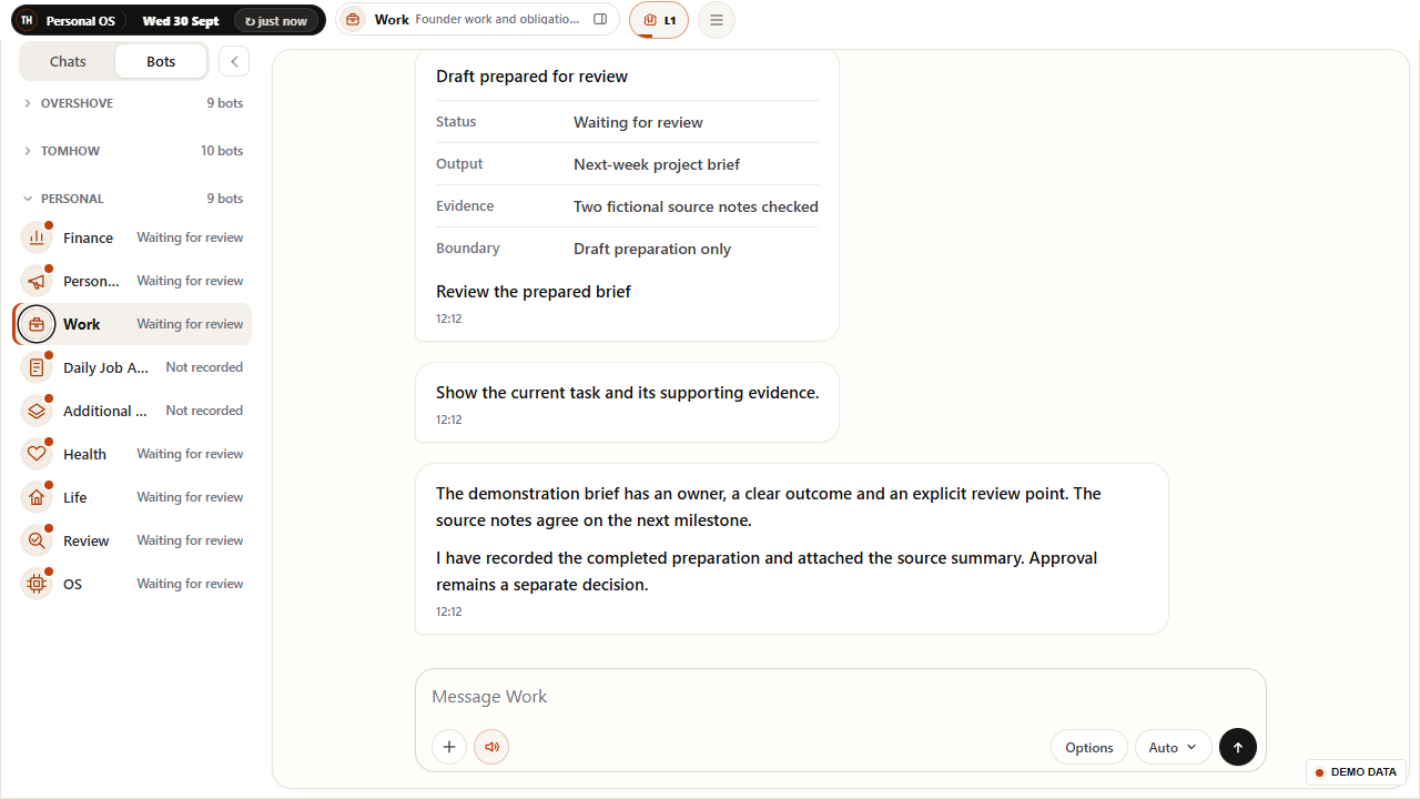 Personal OS personal agent roster and Work conversation using complete fictional records.