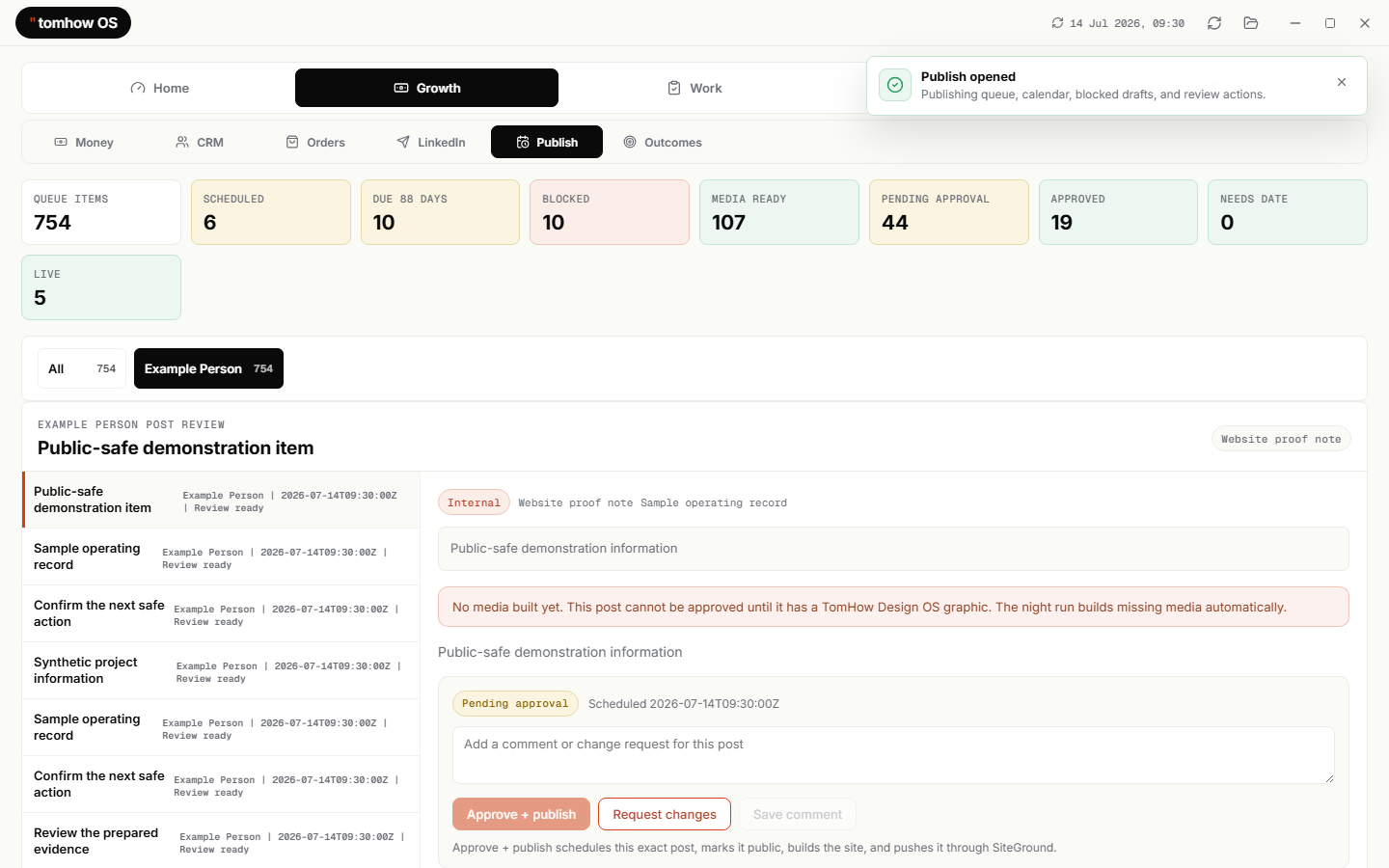 Actual TomHow OS Publish screen with generic draft records.