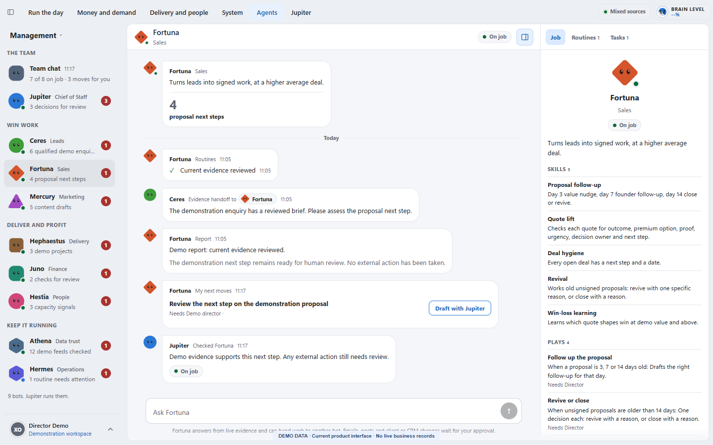 Fortuna Sales agent conversation and Job details in XO3D ONE, using synthetic records.