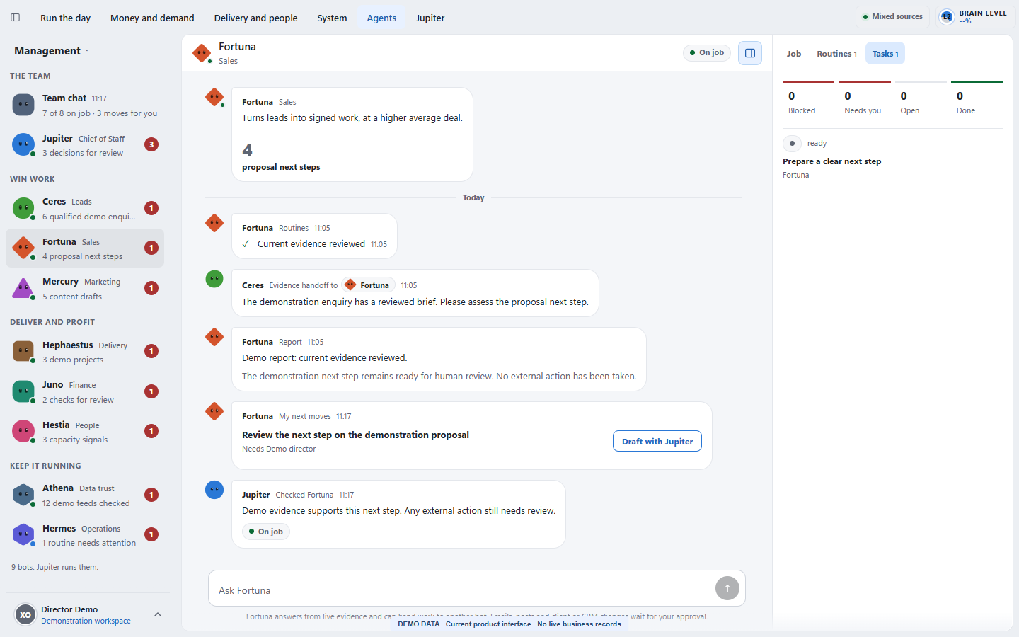 Fortuna agent Tasks tab next to the current conversation and evidence.