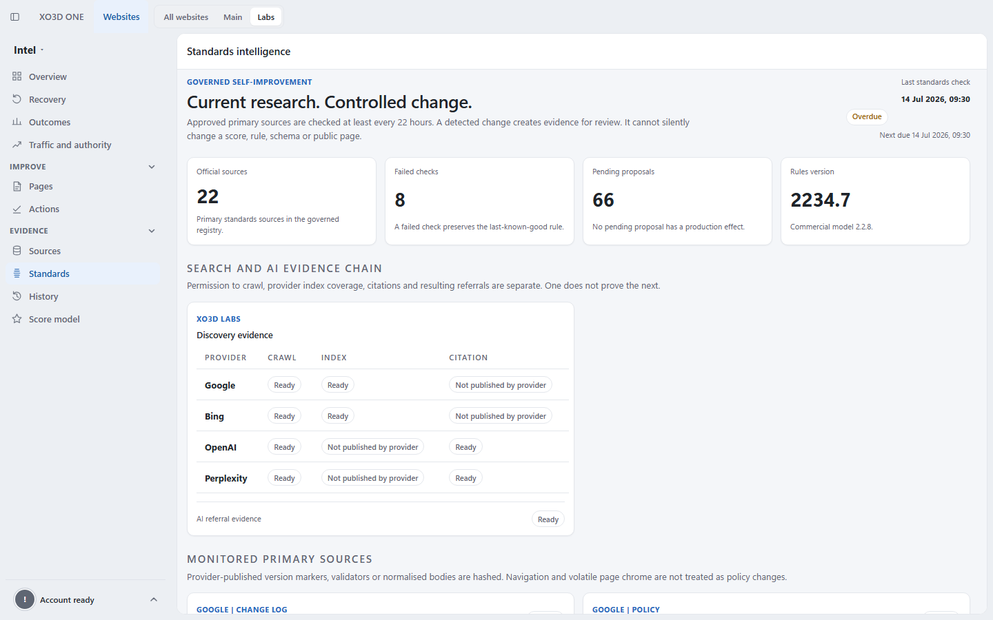 Sanitised XO3D ONE Intel SEO standards and guardrails view with fictional compliance evidence.